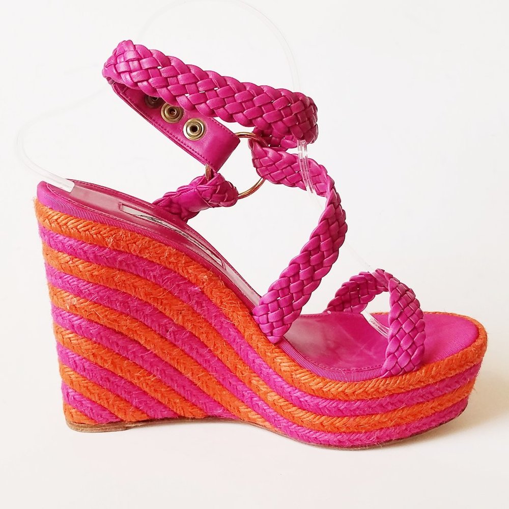 Brian Atwood Pink/Orange Woven Wedge Heels